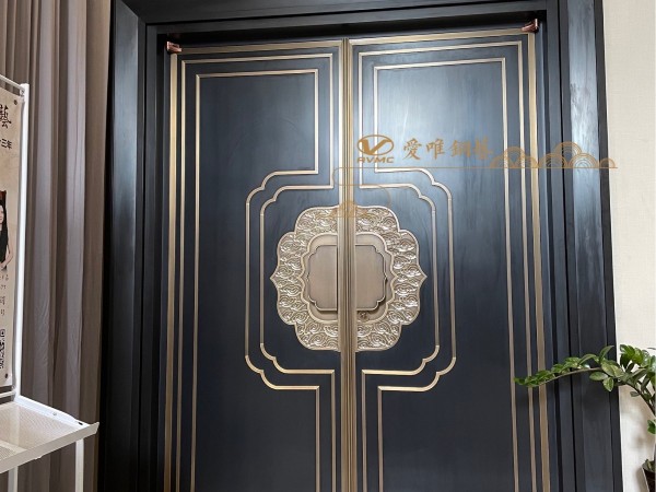 佛山別墅銅門廠家愛(ài)唯銅藝——展廳新中式對(duì)開(kāi)銅門